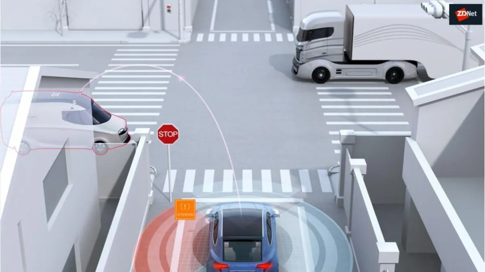 Conceptual representation of traffic monitoring using image recognition technology on the roads.
