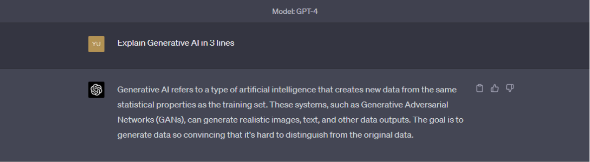 Asking ChatGPT to explain generative AI in 3 sentences 