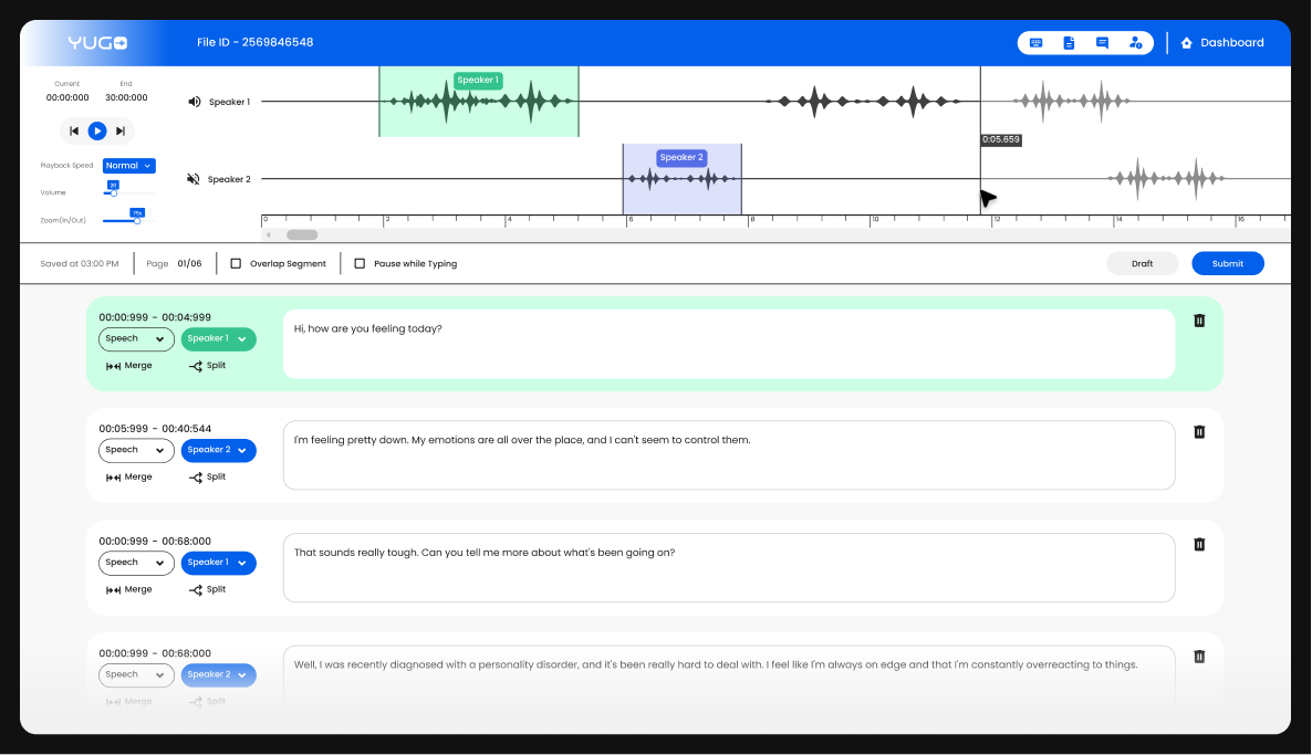 A screenshot of Yugo, a web application that uses FutureBeeAI's transcription tool to transcribe audio files.